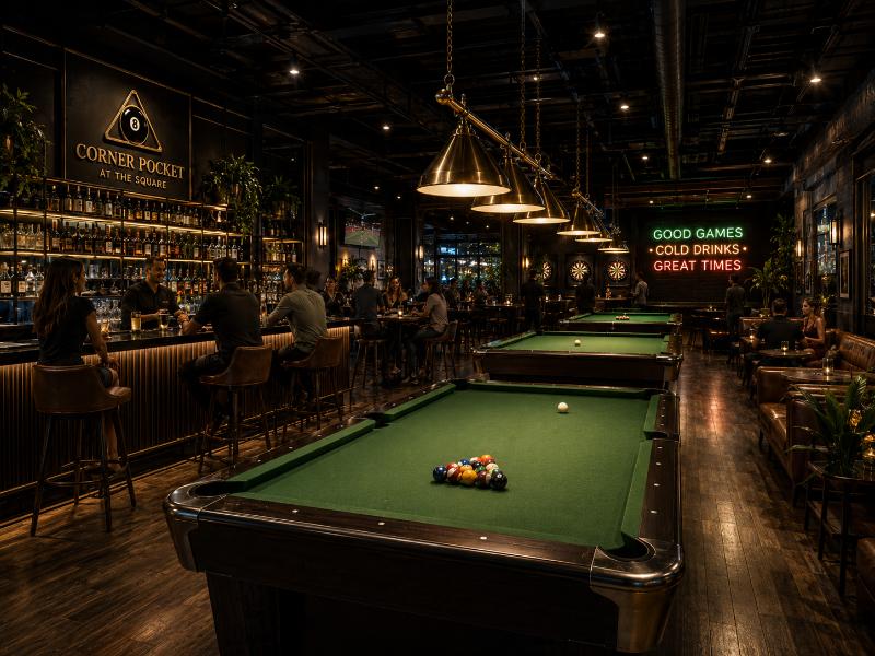 Corner Pocket venue interior with pool tables and bar