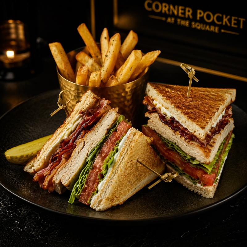 Club sandwich and fries