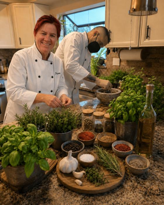 Chef Brandon Rainwater and Trina Finster preparing handcrafted herbs and spices in the kitchen